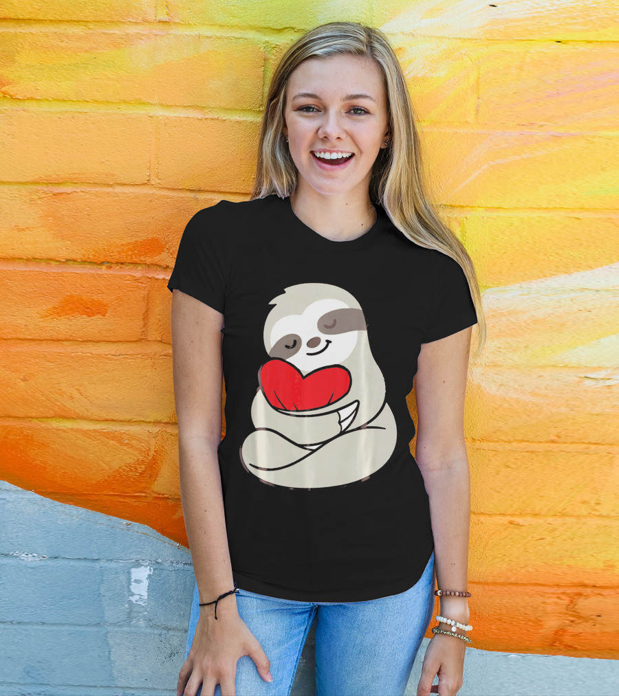 Sloth Hugging Heart Love Valentines T-Shirt