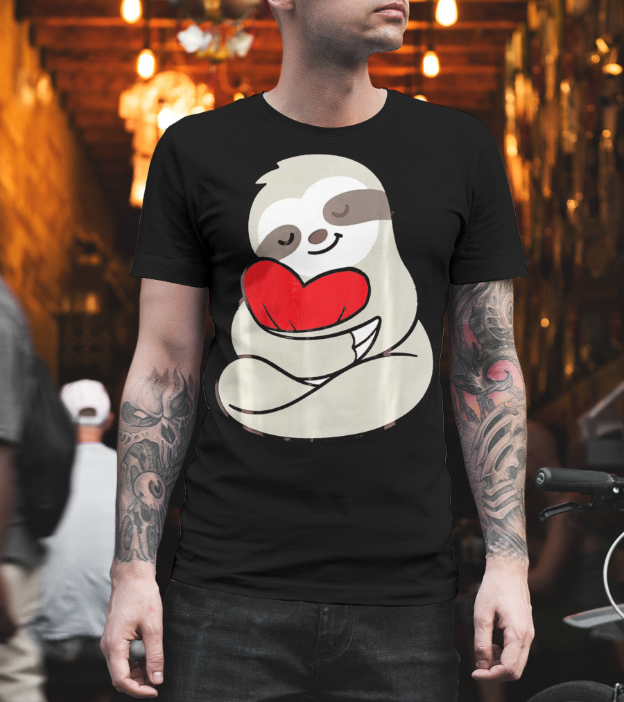 Sloth Hugging Heart Love Valentines T-Shirt