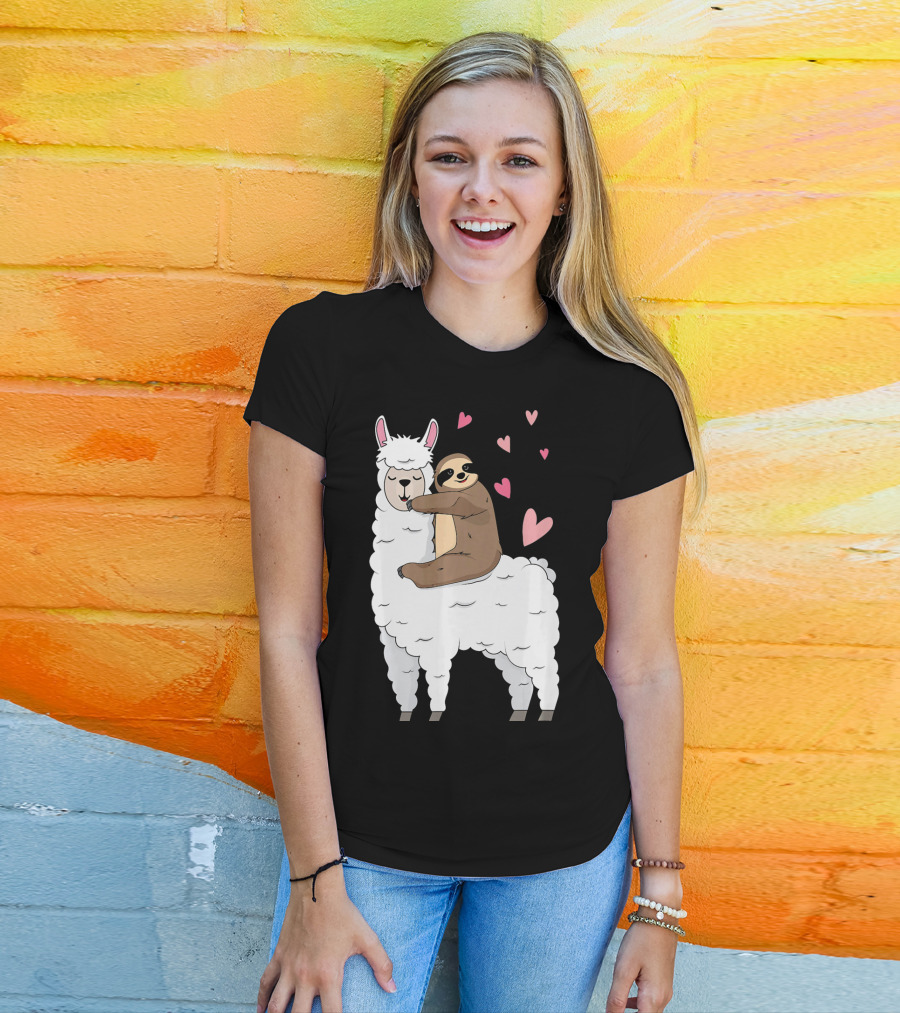 Sloth Riding Llama Cute Hearts Valentines Day T-Shirt