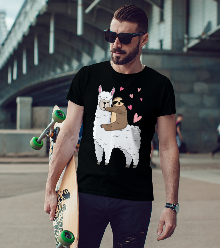 Sloth Riding Llama Cute Hearts Valentines Day T-Shirt