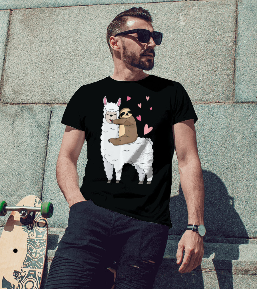 Sloth Riding Llama Cute Hearts Valentines Day T-Shirt