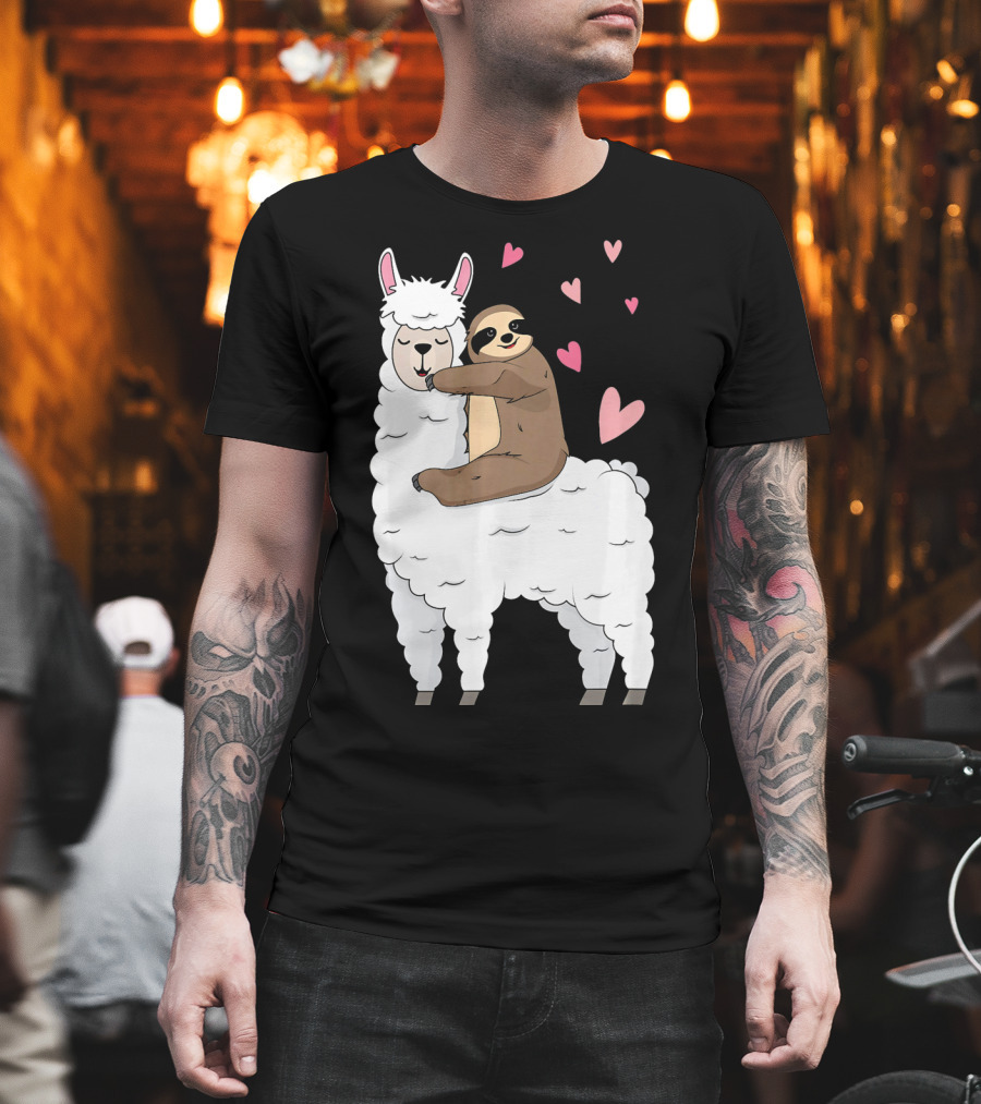 Sloth Riding Llama Cute Hearts Valentines Day T-Shirt