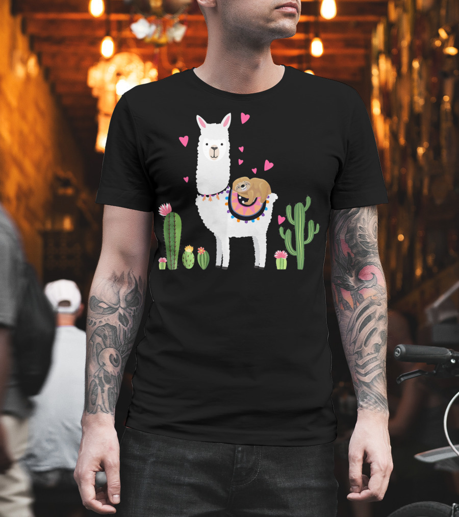 Sloth Riding Llama Heart Cactus Funny Va T-Shirt