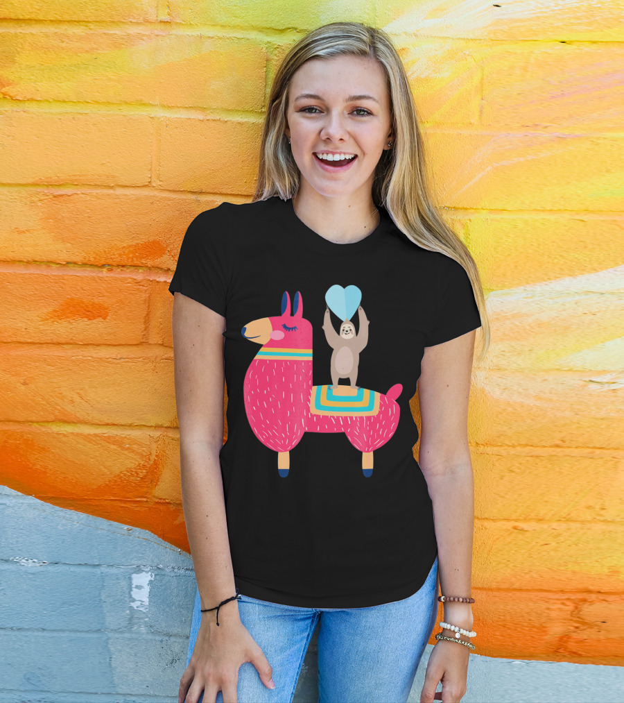 Sloth Riding Llama With Heart Balloon T-Shirt
