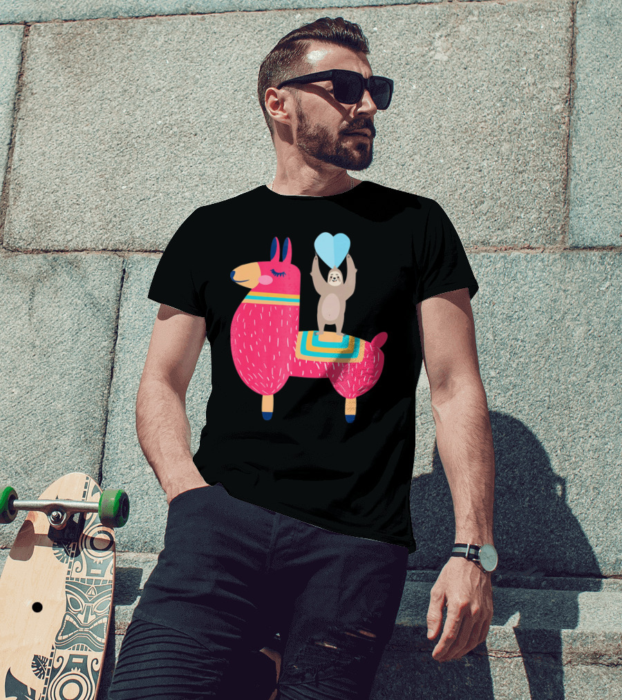 Sloth Riding Llama With Heart Balloon T-Shirt