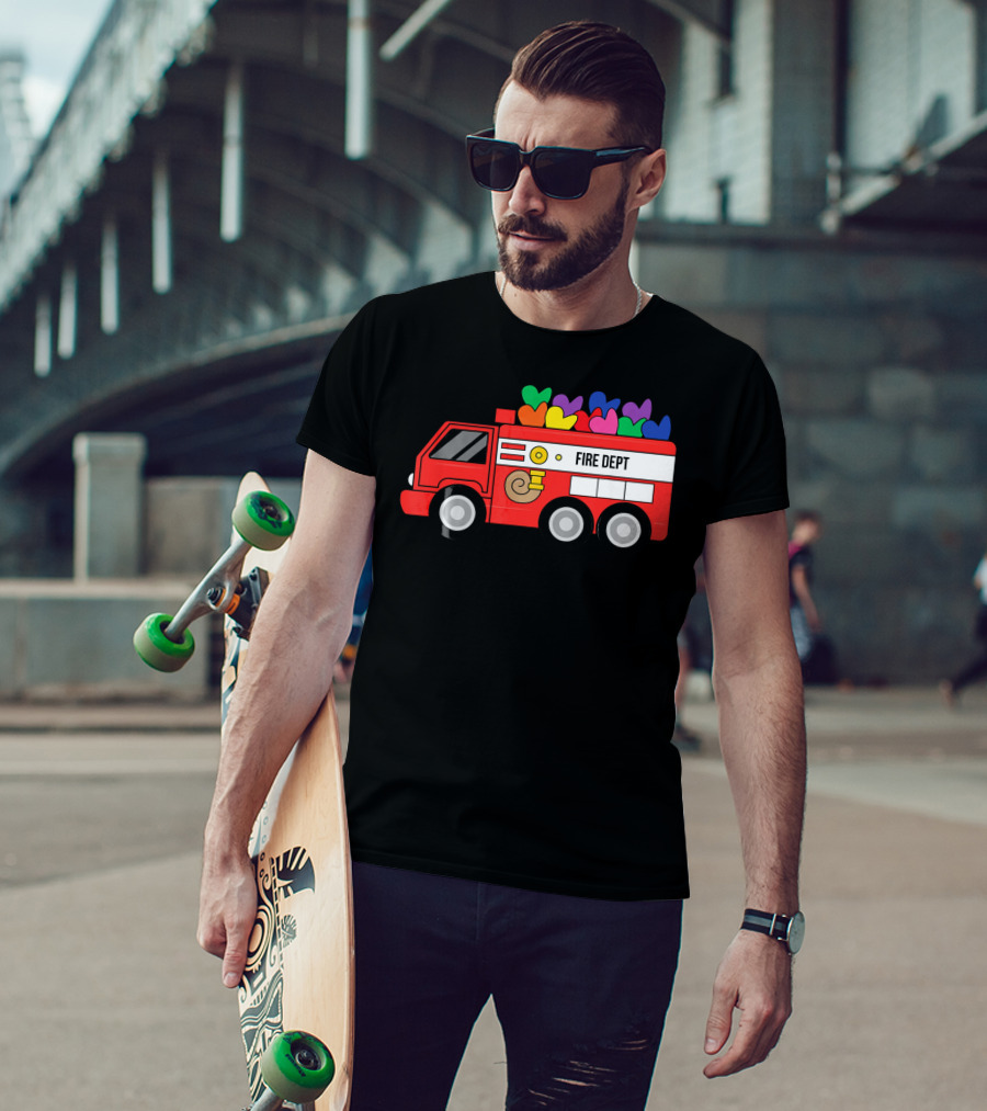 Fire Dept Valentine Hearts Sloth Fire Truck T-Shirt