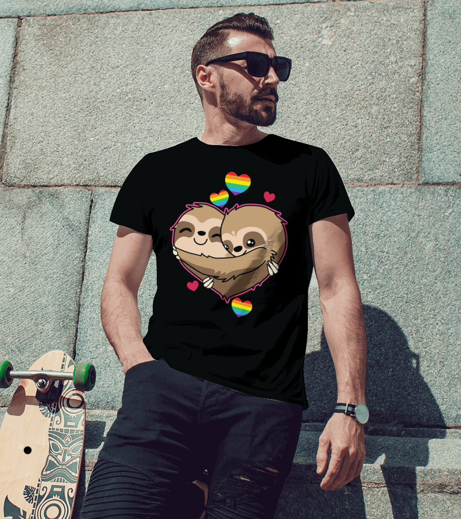 Valentines Day Sloth Heart With Rainbow Hearts T-Shirt