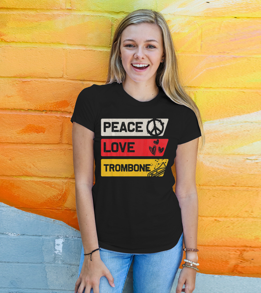 Peace Sign Love Heart Trombone Music Symbols T-Shirt