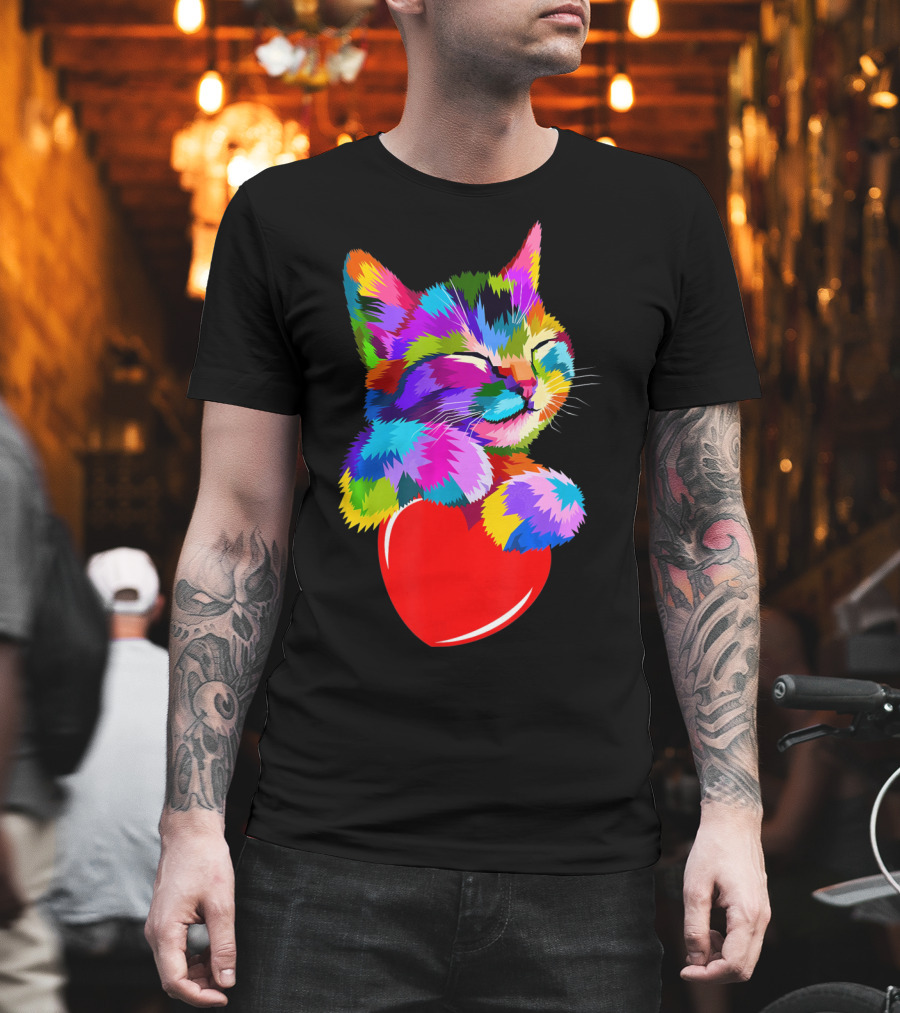 This Valentines My Cat Holds My Heart Colorful Kitten with Red Heart T-Shirt