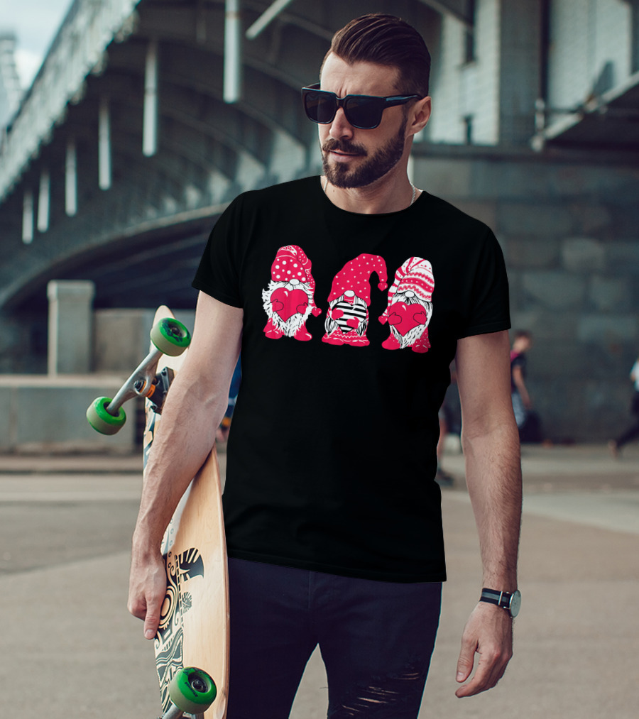Three Pink Gnomes Holding Love Hearts Valentine T-Shirt