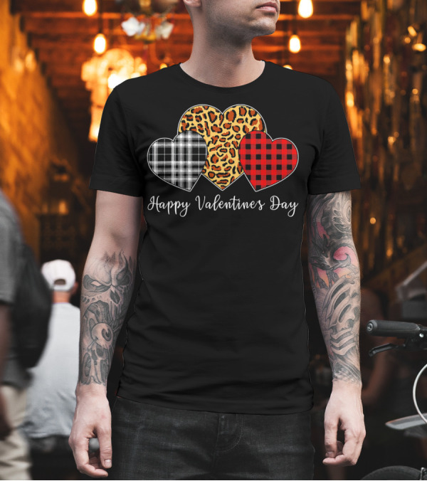 Happy Valentine's Day Three Hearts Leopard Buffalo Plaid T-Shirt Happy Valentine's Day Three Hearts Leopard Buffalo Plaid T-Shirt