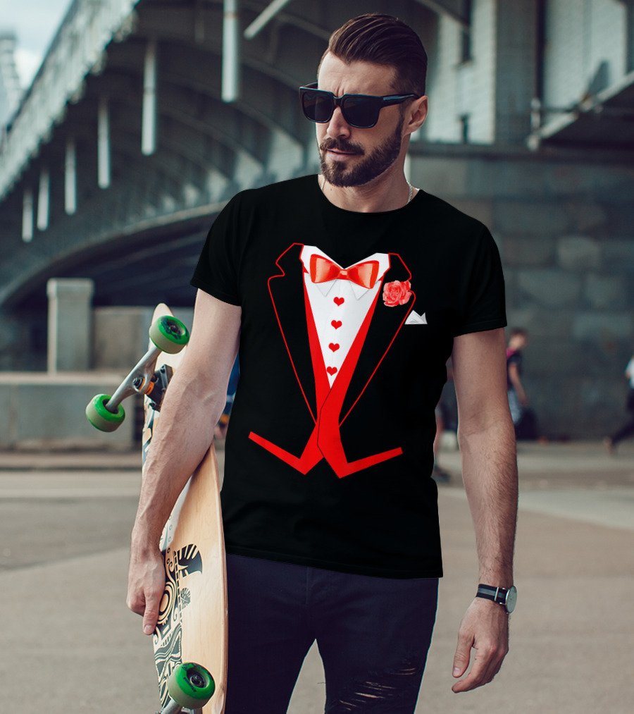 Tuxedo Red Hearts Cool Funny Valentines Bow Tie Rose T-Shirt