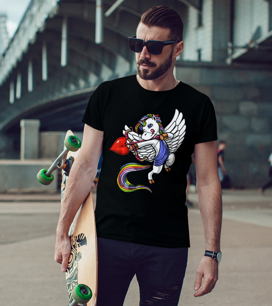 Unicorn Cupid Heart Valentines Day Rainbow Pegasus T-Shirt