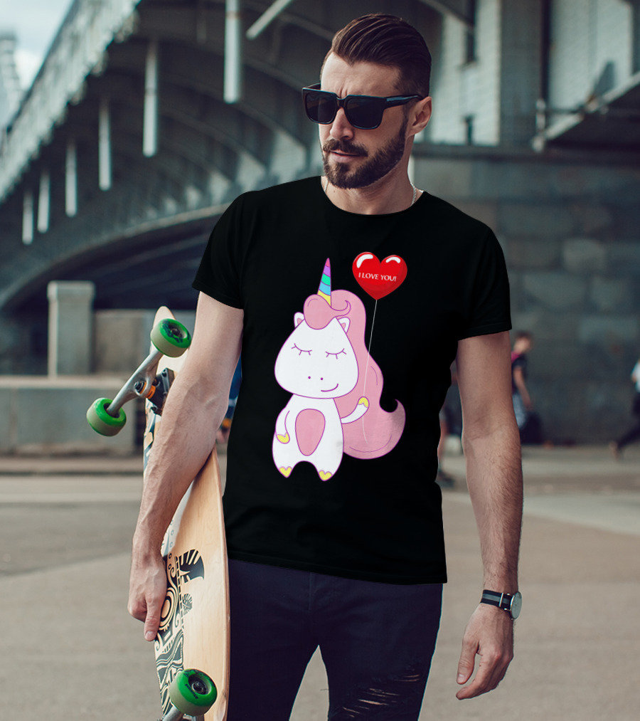 Unicorn Holding Heart Balloon With I Love You Message Valentine T-Shirt