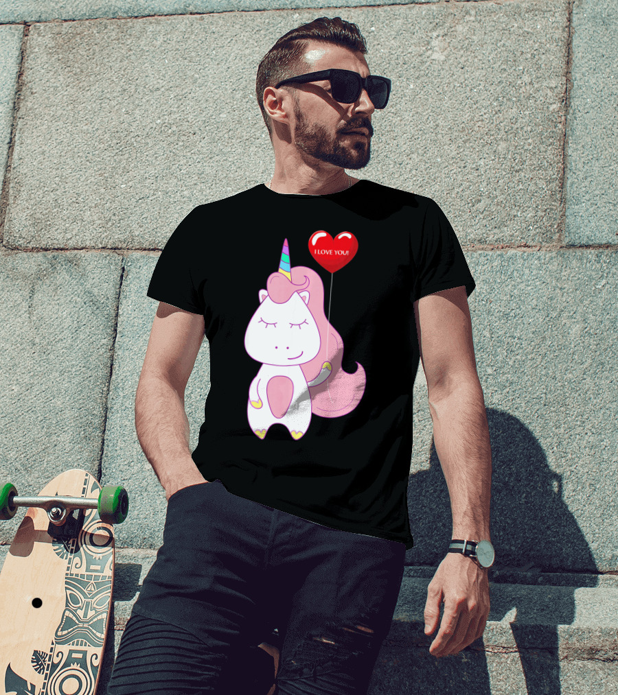 Unicorn Holding Heart Balloon With I Love You Message Valentine T-Shirt