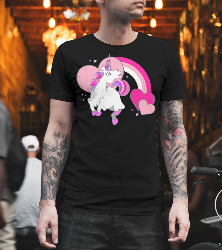 Unicorn Valentines Day Heart Rainbow Pink Stars T-Shirt