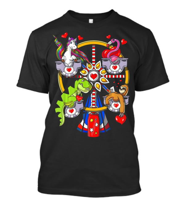 Unicorn Rex Dinosaur Sloth Flamingo Ferris Wheel Love Hearts T-Shirt