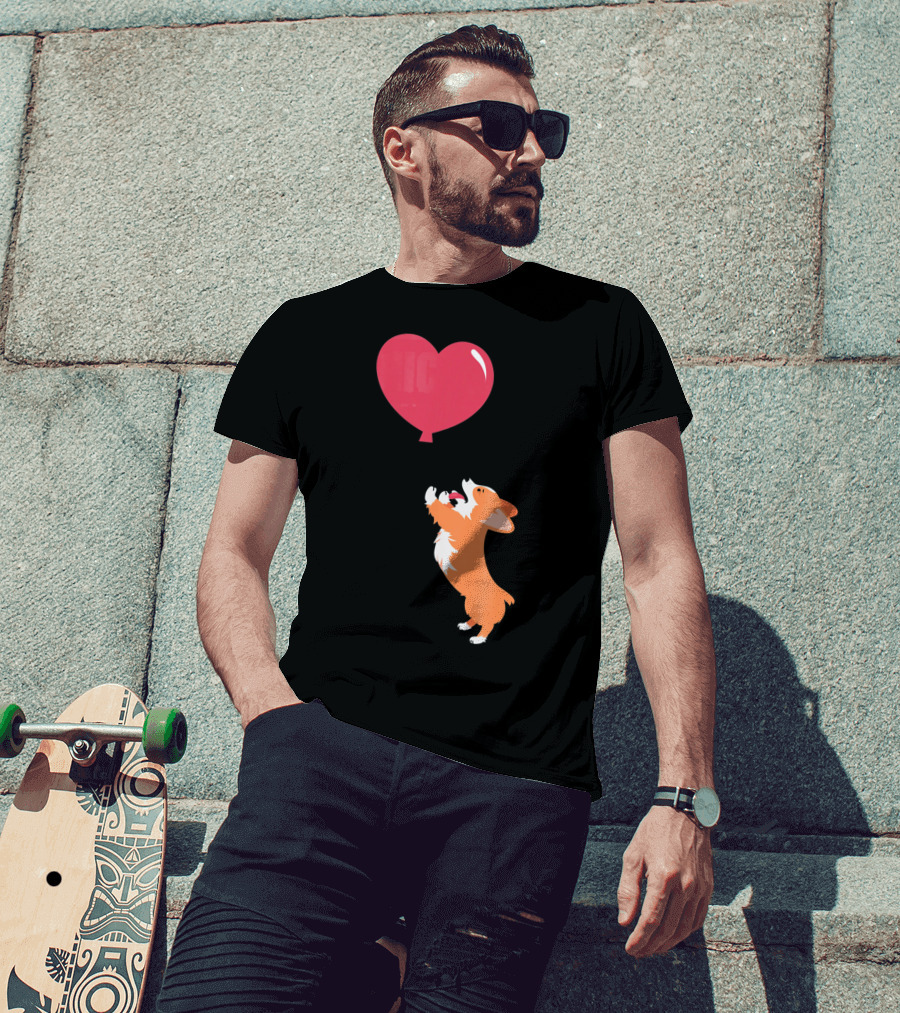 Little Corgi Puppy Dog Reaching For Red Heart Balloon T-Shirt