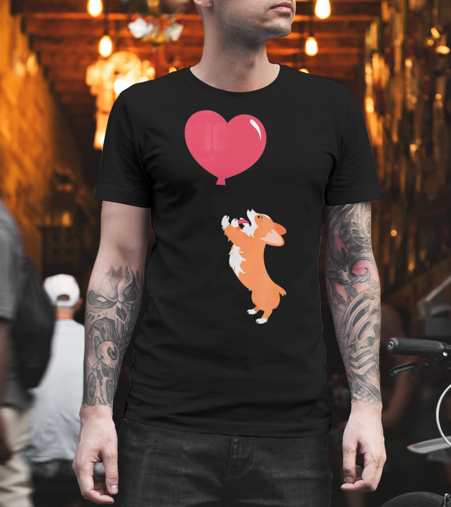 Little Corgi Puppy Dog Reaching For Red Heart Balloon T-Shirt