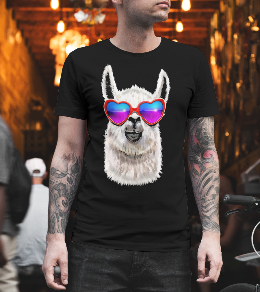 Llama Valentine's Day Heart Sunglasses Fashion T-Shirt