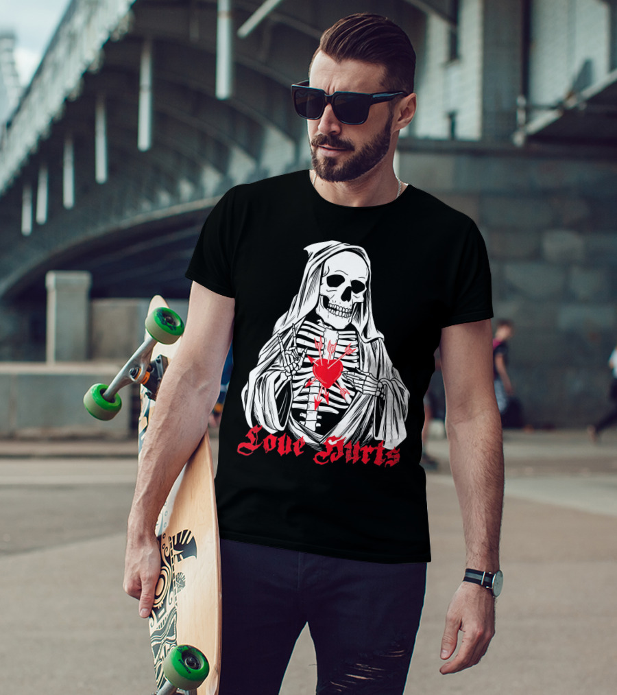 Love Hurts Grim Reaper Skull Heart Arrows Death T-Shirt