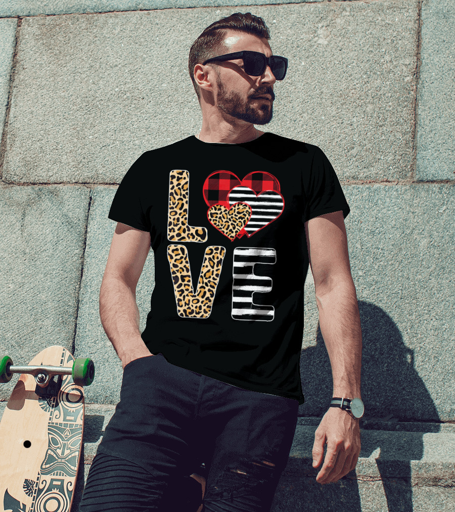 Love Valentines Day Hearts Leopard Buffalo Plaid Stripe T-Shirt