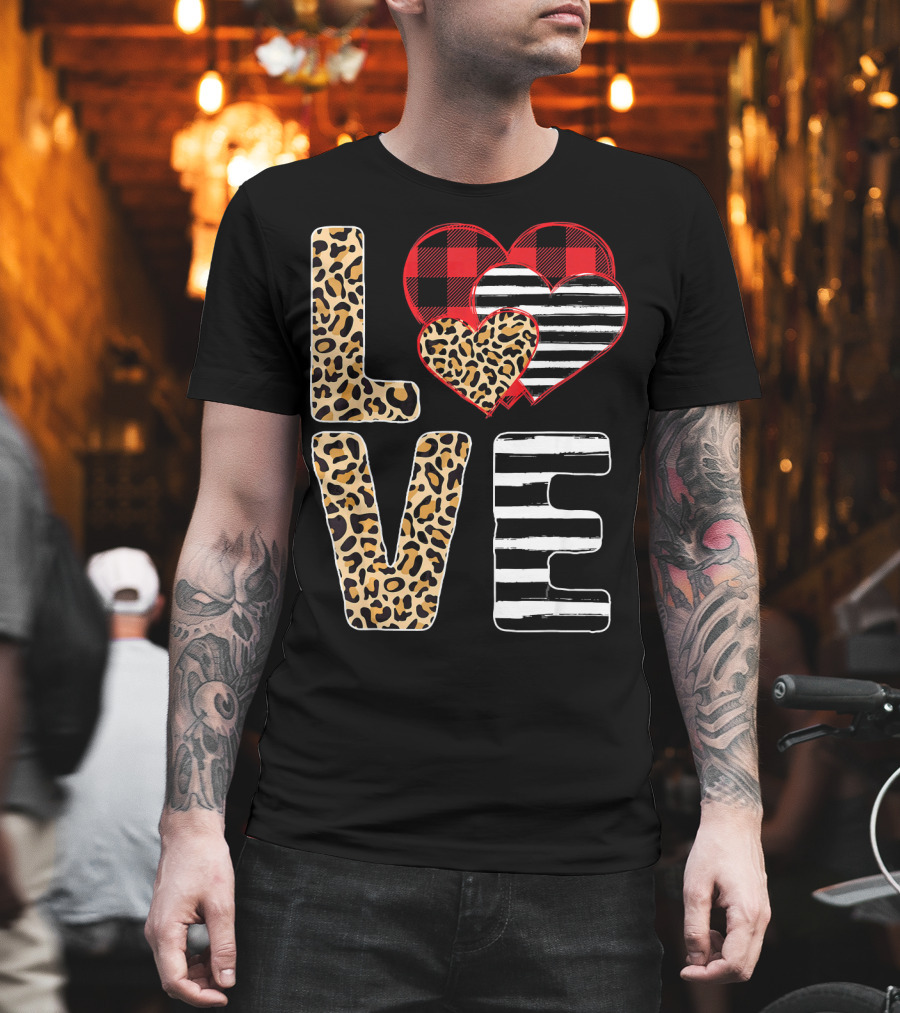 Love Valentines Day Hearts Leopard Buffalo Plaid Stripe T-Shirt