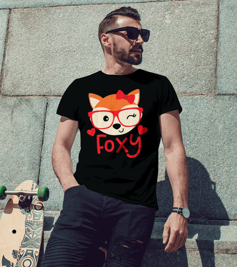 Foxy Cute Winking Fox With Glasses And Bow Valentine Hearts T-Shirt