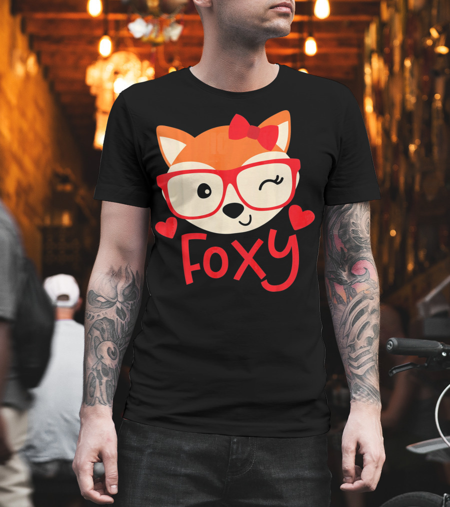 Foxy Cute Winking Fox with Glasses and Bow Valentine Hearts T-Shirt