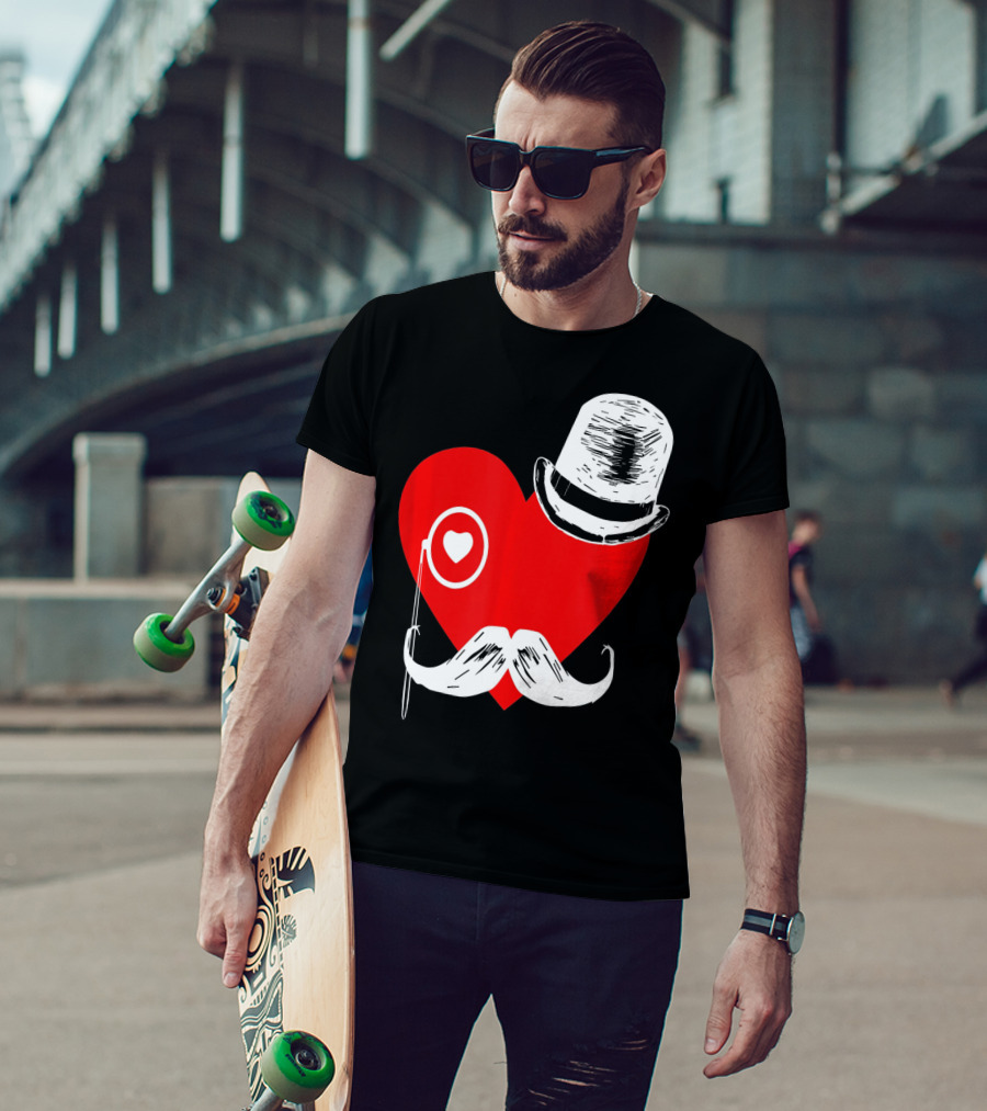 Heart Mustache Monocle Top Hat Valentines Day T-Shirt