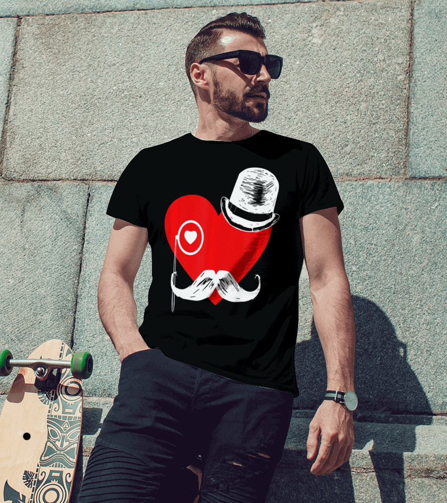 Heart Mustache Monocle Top Hat Valentines Day T-Shirt