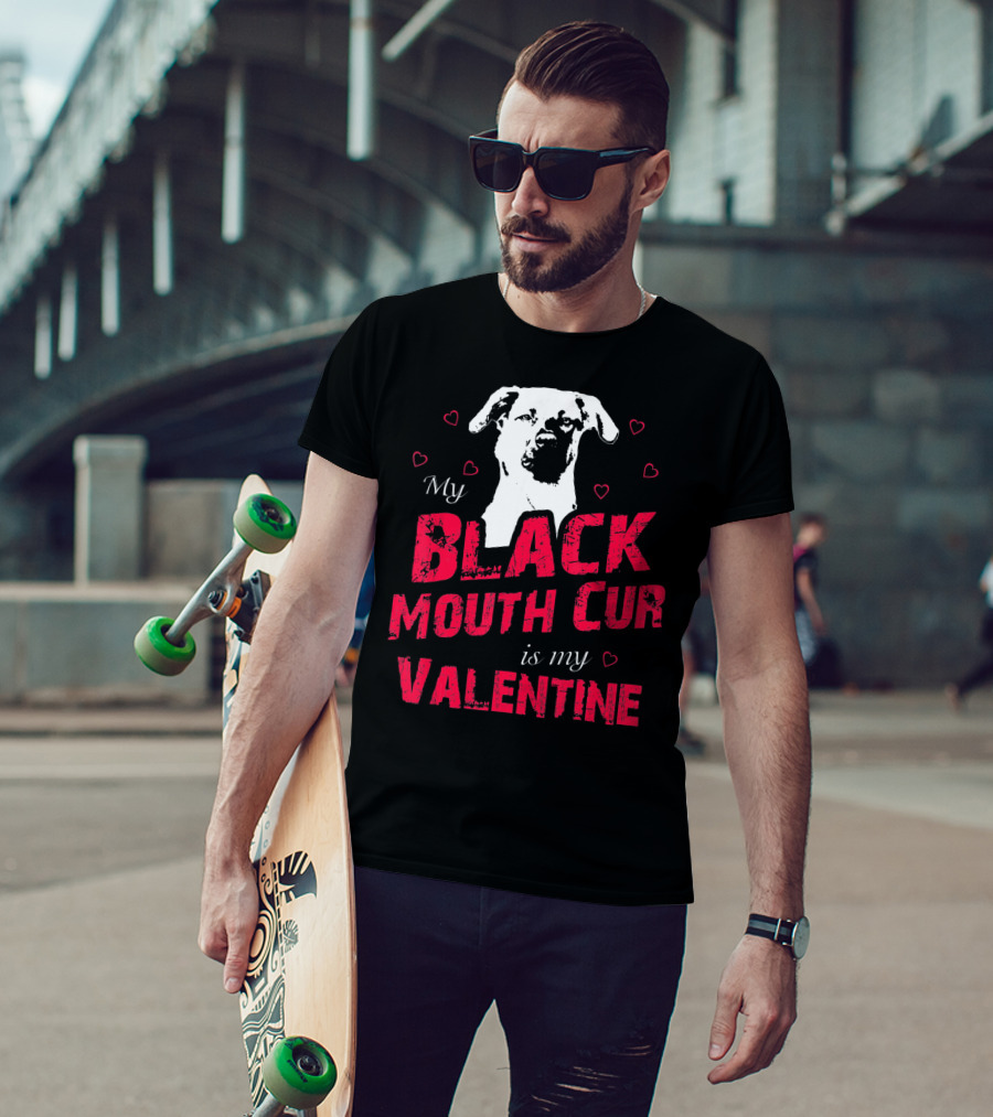 My Black Mouth Cur Is My Valentine Dog With Hearts T-Shirt