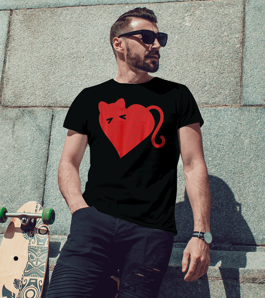 My Cat Is My Valentine Red Heart Distressed Cat Face Tail T-Shirt