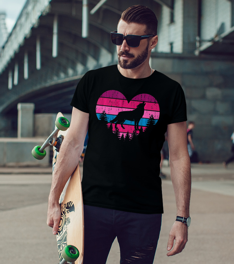 Wolf Girl Valentines Day Heart Silhouette With Howling Wolf And Forest Horizon T-Shirt