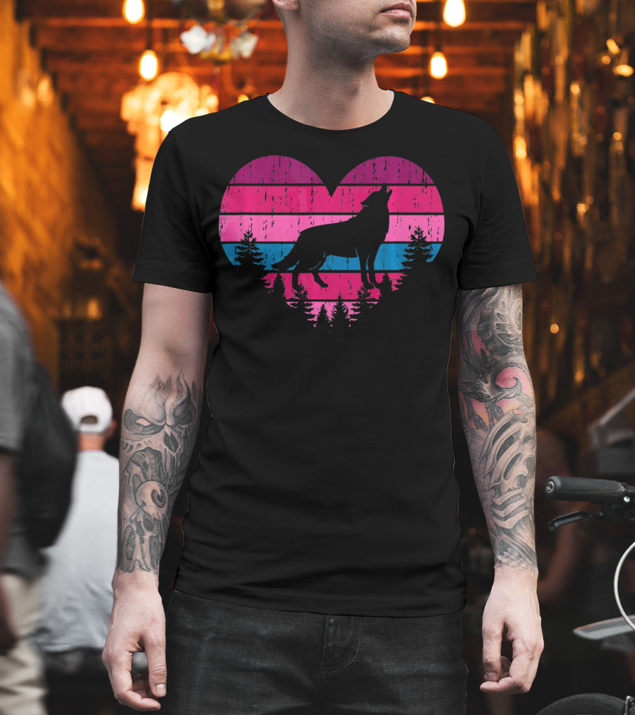Wolf Girl Valentines Day Heart Silhouette with Howling Wolf and Forest Horizon T-Shirt