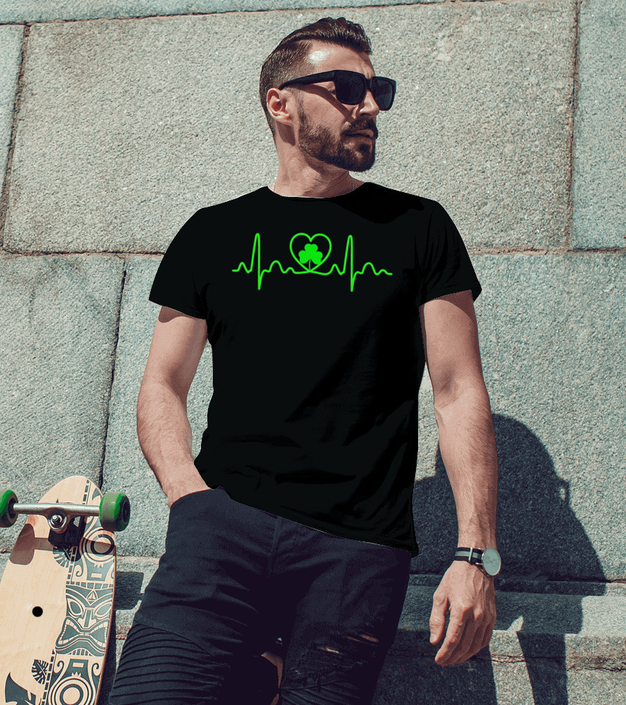 Shamrock Heartbeat Irish Symbol In Green Heart Line T-Shirt