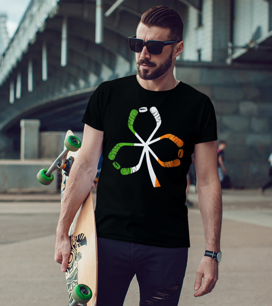 Ice Hockey Shamrock Green White Orange Sticks T-Shirt