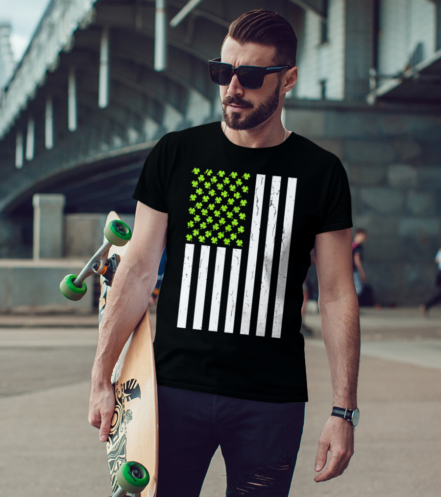 St Patricksday Shamrock American Flag T-Shirt