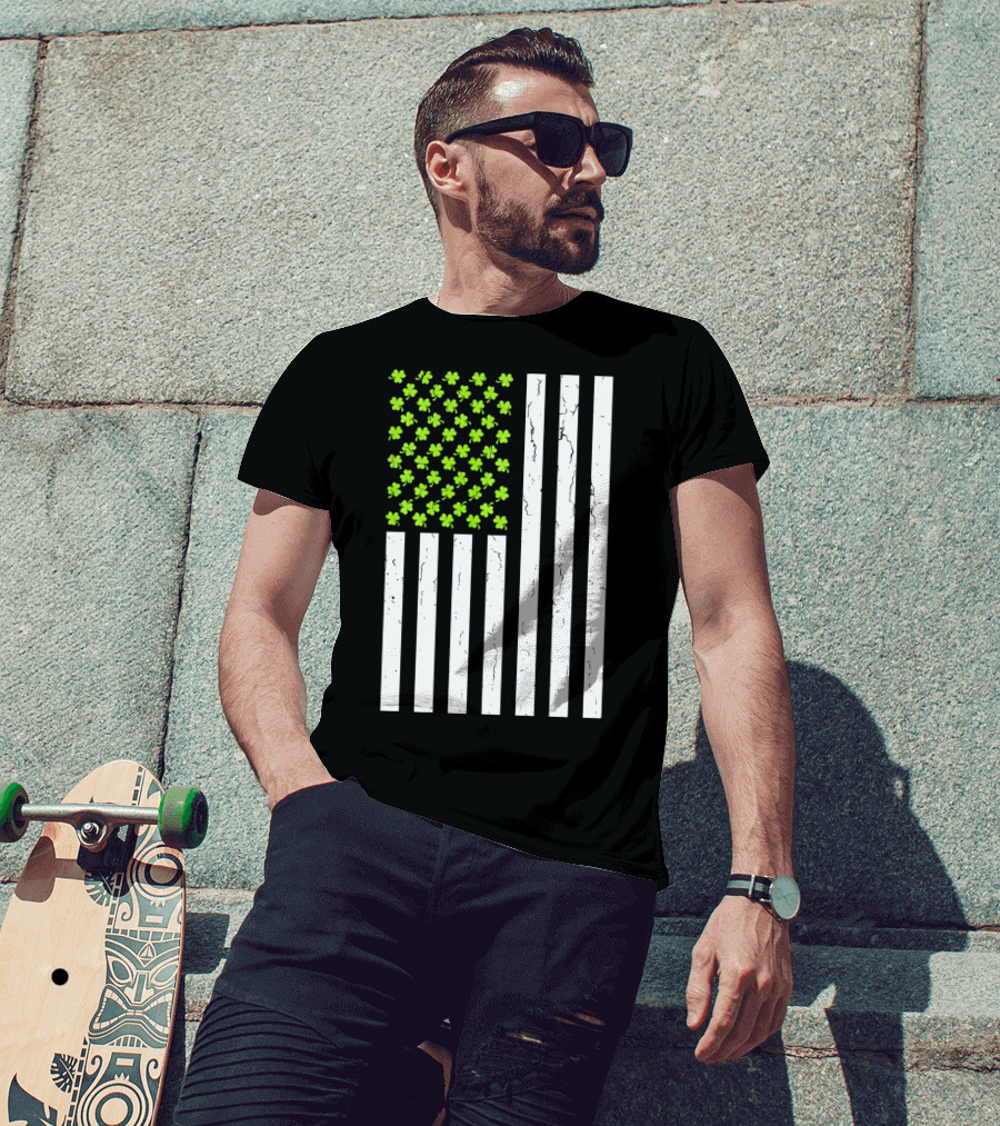 St Patricksday Shamrock American Flag T-Shirt