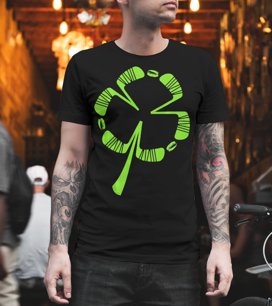 Ice Hockey Shamrock Saint Patrick's Day Hat Stick Puck Clover T-Shirt