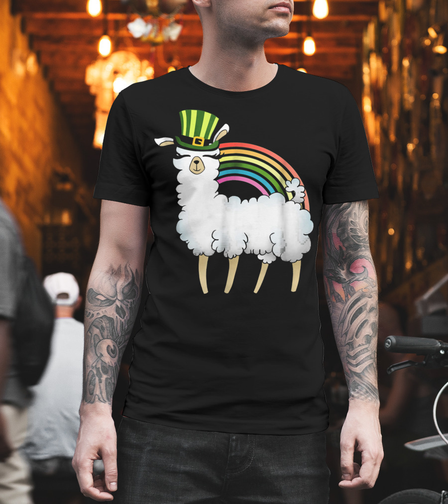 Llama In St Patrick's Day Hat With Rainbow T-Shirt