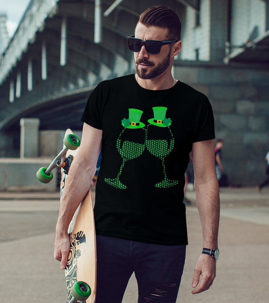 Wine Glasses Shamrock Leprechaun Hats St. Patrick's Day T-Shirt