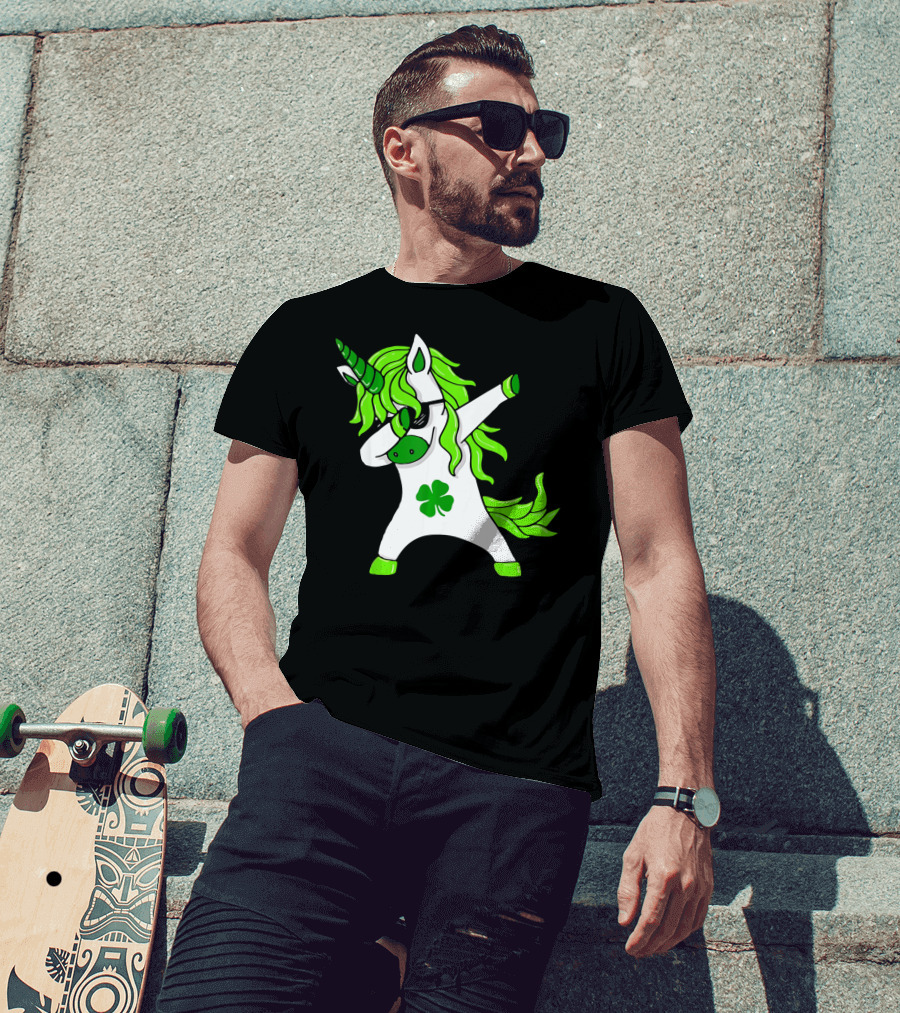 Mens Womens Dabbing Unicorn With Green Shamrock And Hair T-Shirt