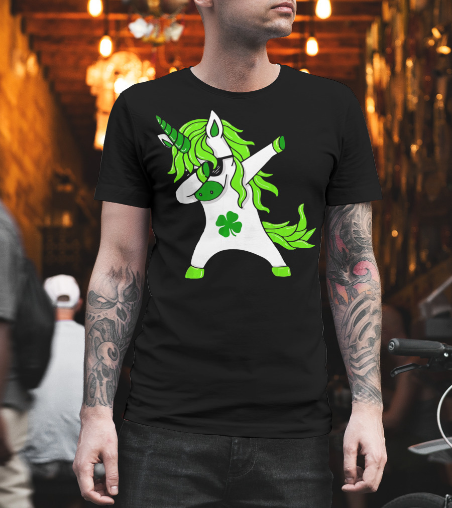 Mens Womens Dabbing Unicorn With Green Shamrock And Hair T-Shirt