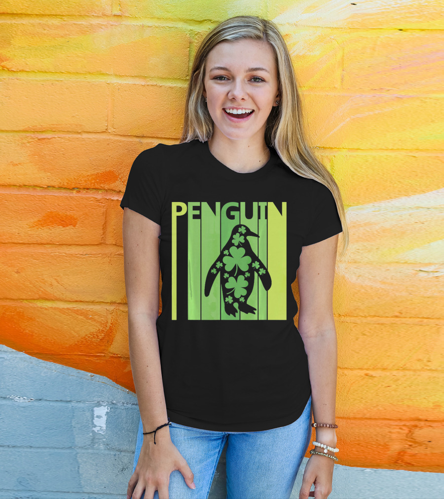 Lucky Penguin St Patricks Day Clover Penguin T-Shirt