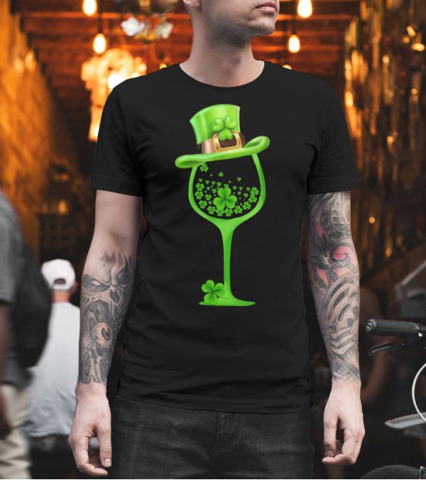 Shamrock Wine Glass with Green Top Hat for St Patricks T-Shirt Shamrock Wine Glass with Green Top Hat for St Patricks T-Shirt