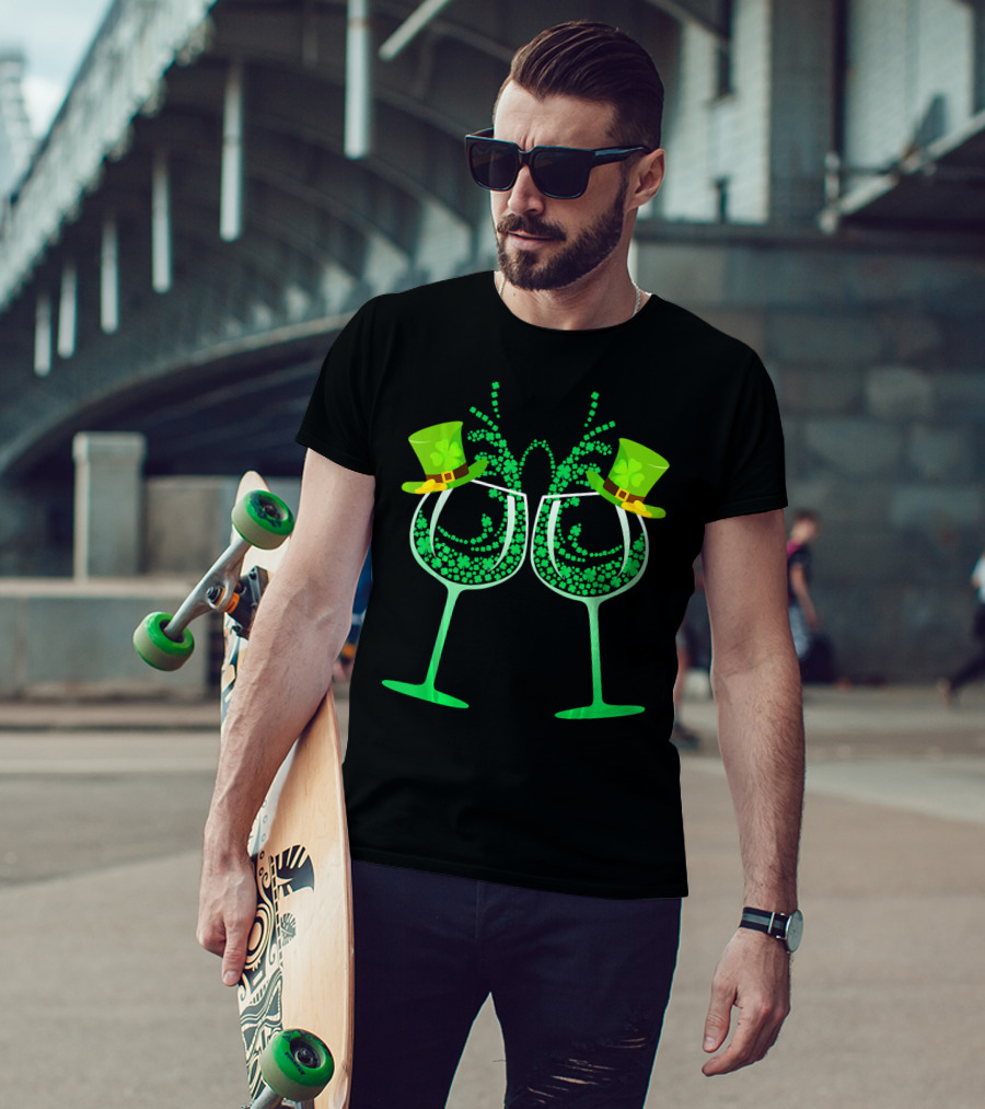 Wine Glass Leprechaun Shamrock Funny Drinking T-Shirt