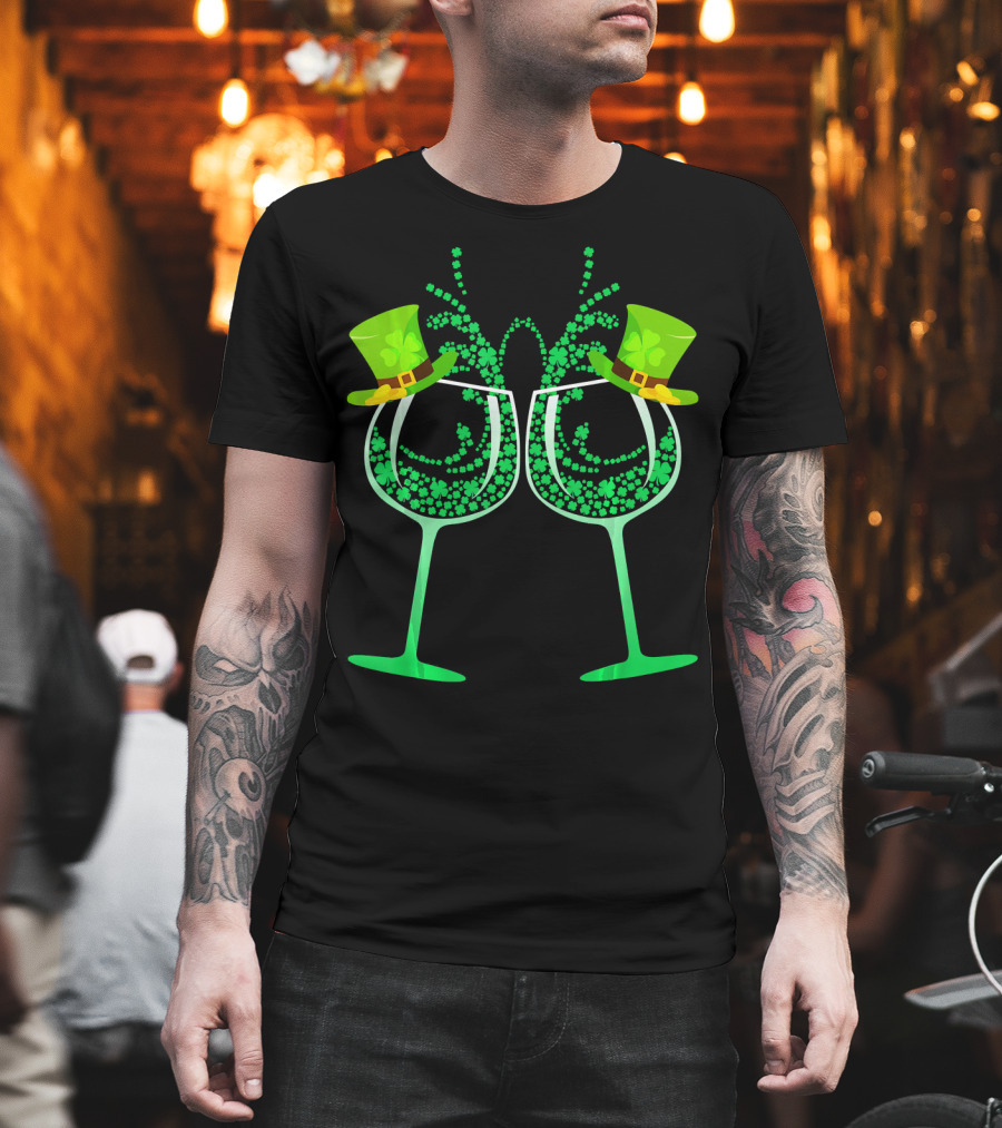 Wine Glass Leprechaun Shamrock Funny Drinking T-Shirt