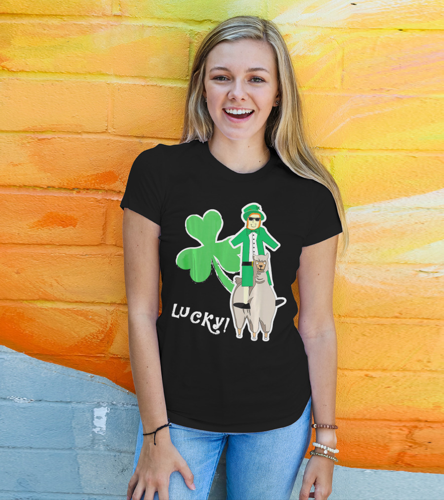 Lucky Leprechaun Riding Llama With Shamrock Irish T-Shirt