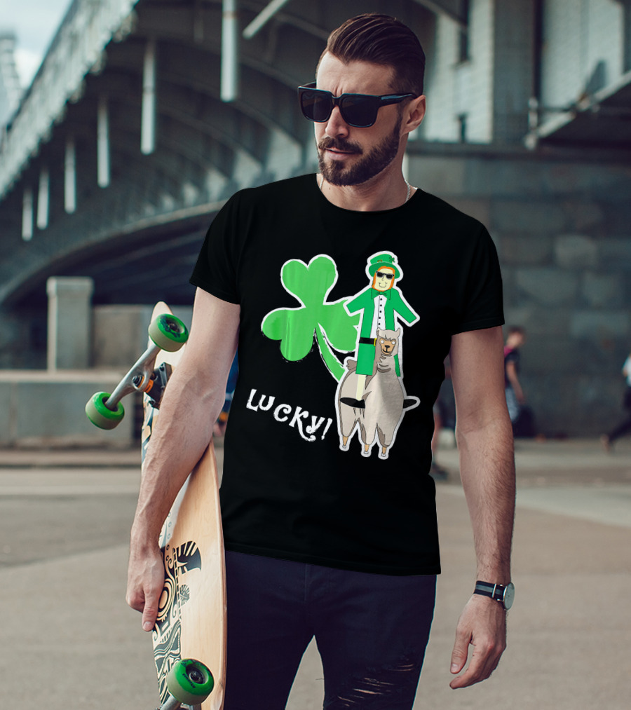 Lucky Leprechaun Riding Llama With Shamrock Irish T-Shirt